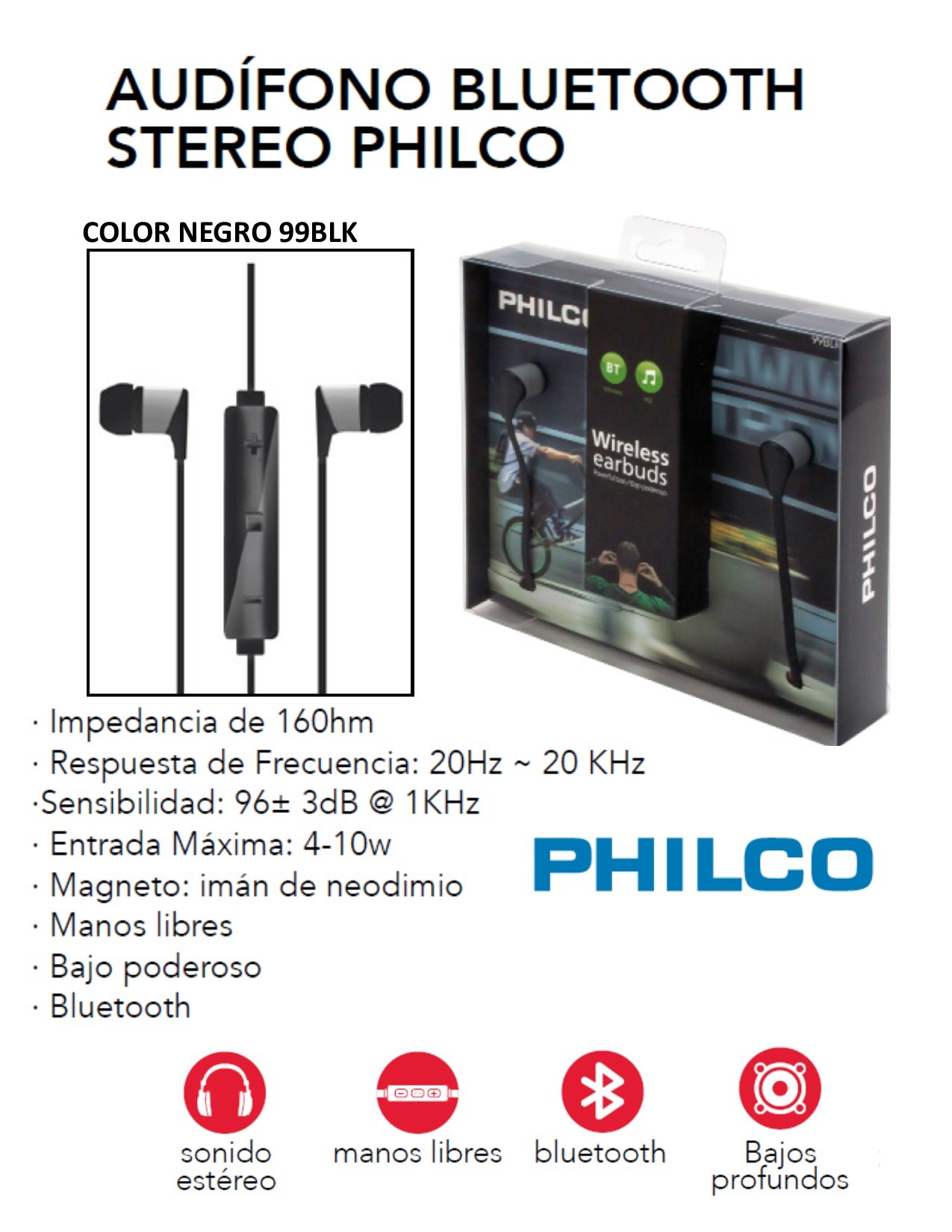 AUDIFONO PHILCO BLUETOOTH STEREO NEGRO 99BLK