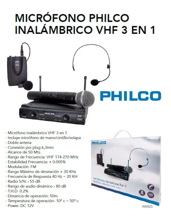 MICROFONO INALAMBRICO PHILCO 3 EN 1: MANO/CINTILLO/SOLAPA VHF WM920